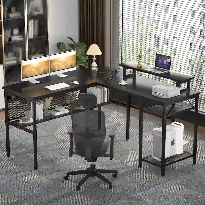 Scrivania a L, multi-colore, singola – ciabatta elettrica, LED RGB e supporto per monitor