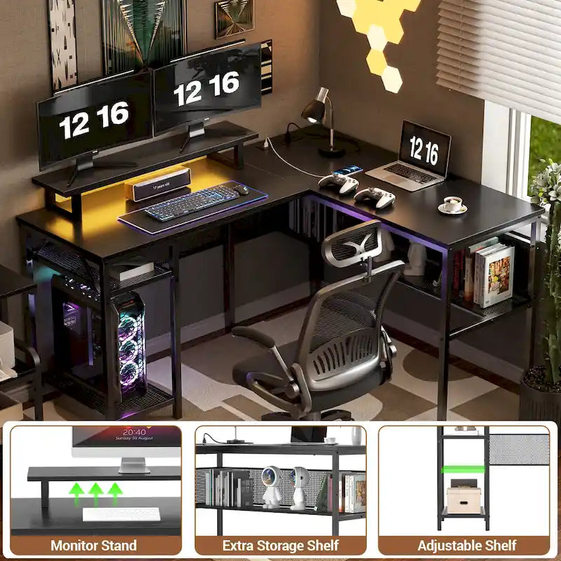 Scrivania a L, multi-colore, singola – ciabatta elettrica, LED RGB e supporto per monitor