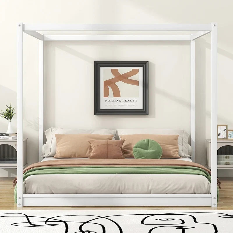 Letto a piattaforma a baldacchino basso naturale/bianco, Queen/King