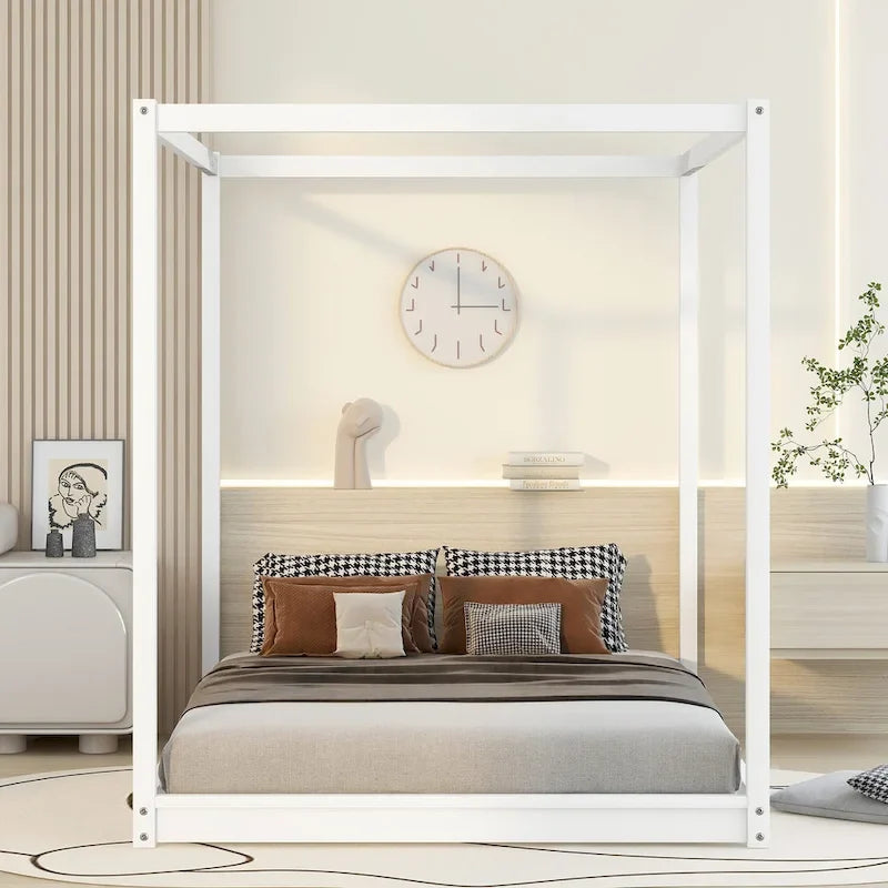 Letto a piattaforma a baldacchino basso naturale/bianco, Queen/King