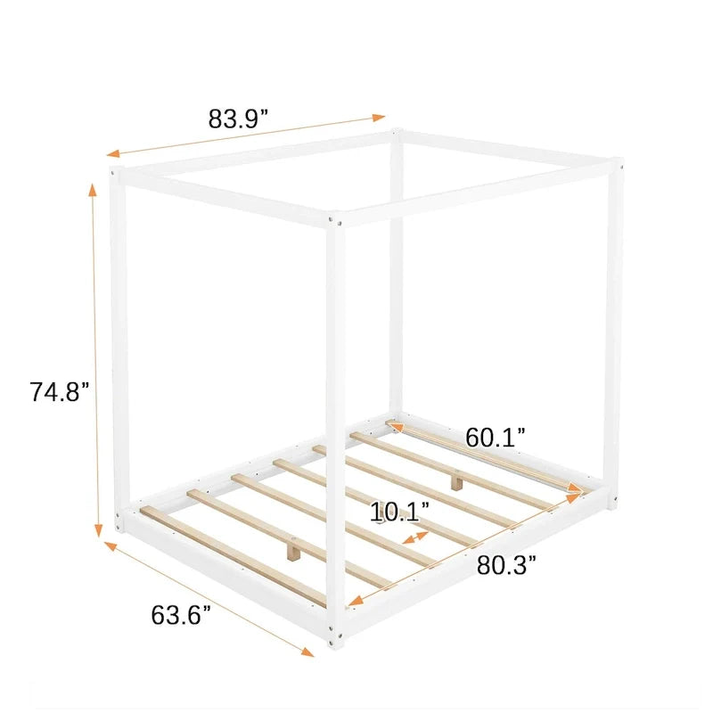 Letto a piattaforma a baldacchino basso naturale/bianco, Queen/King