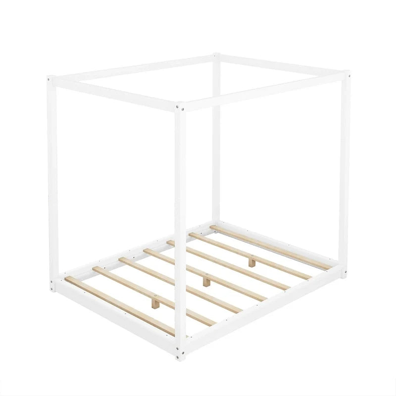 Letto a piattaforma a baldacchino basso naturale/bianco, Queen/King