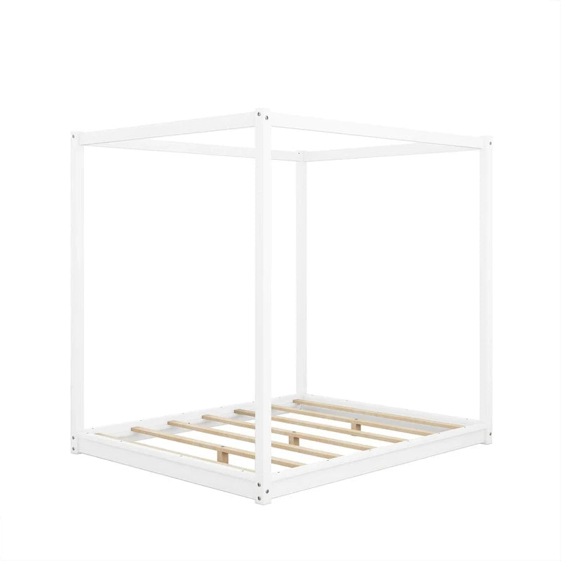 Letto a piattaforma a baldacchino basso naturale/bianco, Queen/King