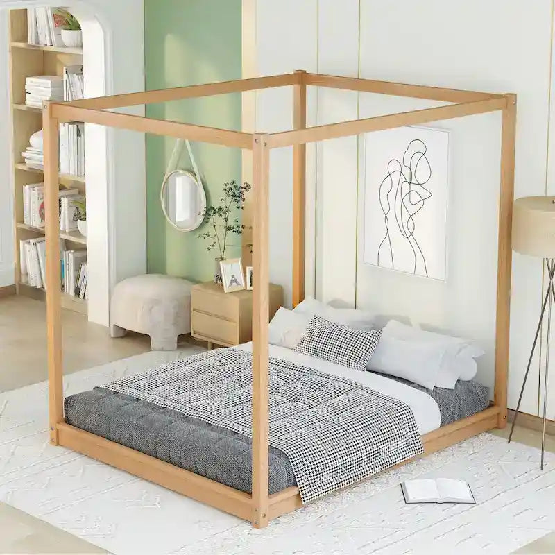 Letto a piattaforma a baldacchino basso naturale/bianco, Queen/King