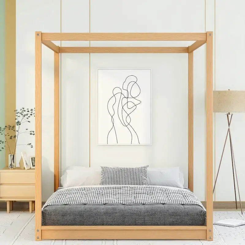 Letto a piattaforma a baldacchino basso naturale/bianco, Queen/King