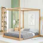 Letto a piattaforma a baldacchino basso naturale/bianco, Queen/King