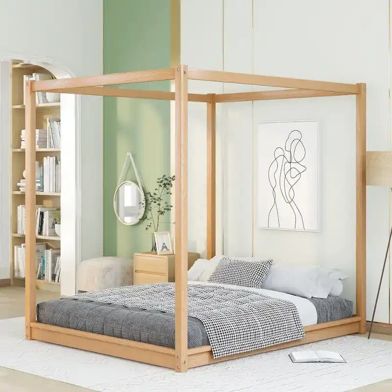 Letto a piattaforma a baldacchino basso naturale/bianco, Queen/King