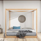Letto a piattaforma a baldacchino basso naturale/bianco, Queen/King