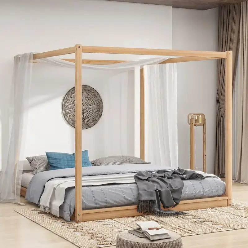 Letto a piattaforma a baldacchino basso naturale/bianco, Queen/King