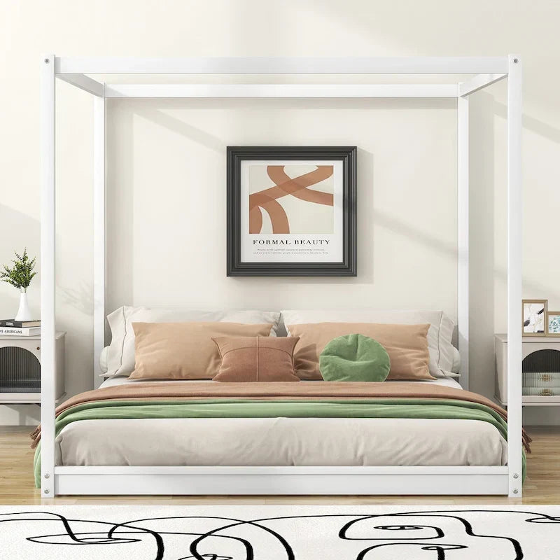 Letto a piattaforma a baldacchino basso naturale/bianco, Queen/King