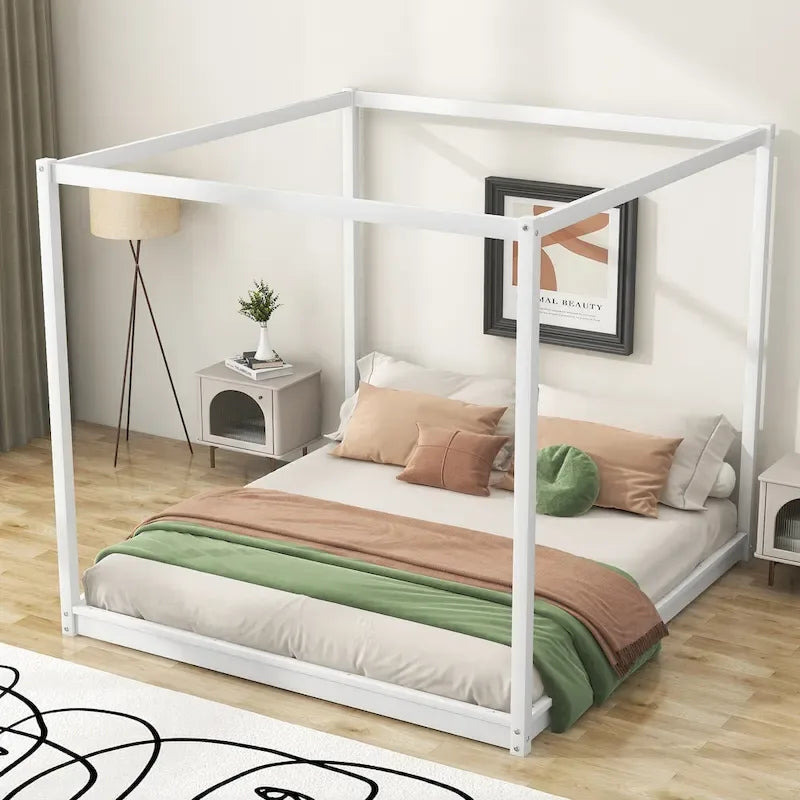 Letto a piattaforma a baldacchino basso naturale/bianco, Queen/King