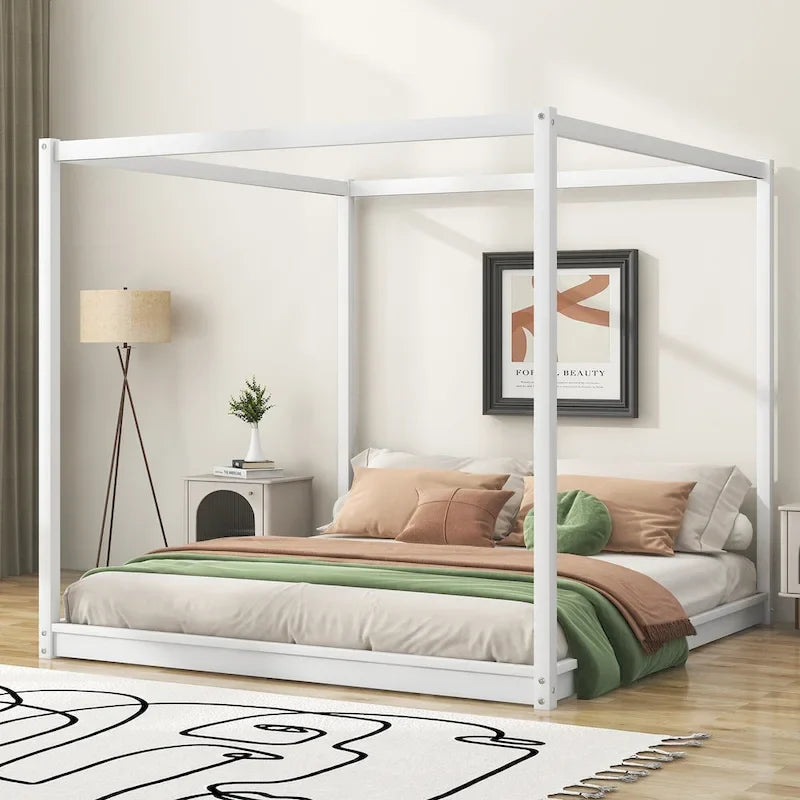 Letto a piattaforma a baldacchino basso naturale/bianco, Queen/King