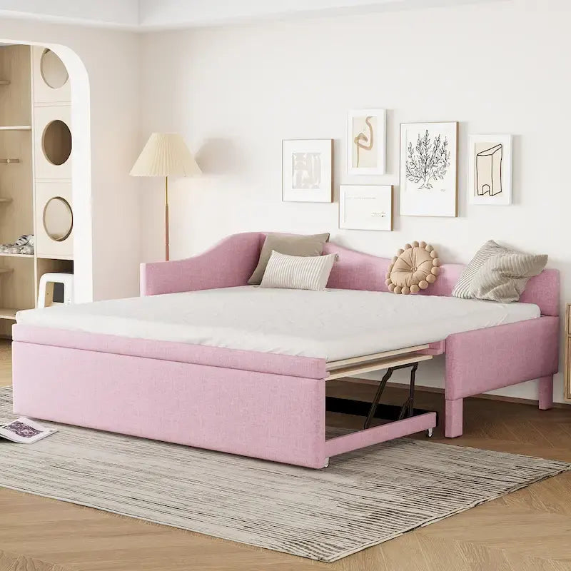 Divano letto imbottito a L rosa con letto estraibile a scomparsa, due posti letto