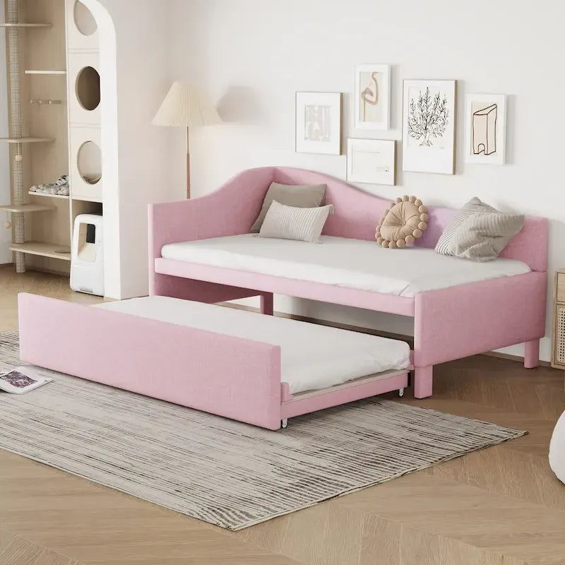Divano letto imbottito a L rosa con letto estraibile a scomparsa, due posti letto