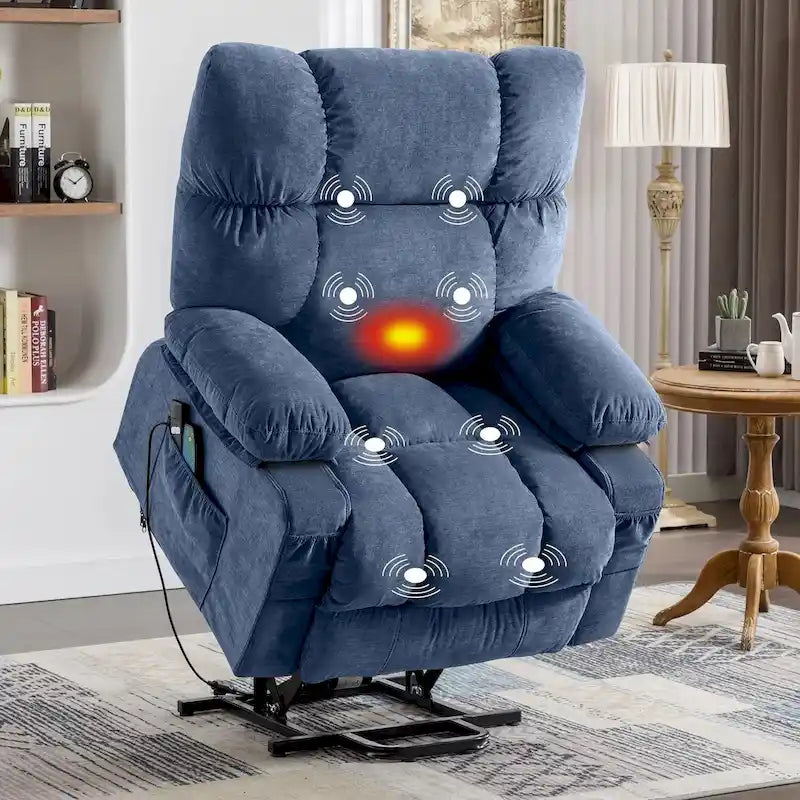 Poltrona reclinabile elettrica con funzione Power Lift, riscaldamento e massaggio, colore Grigio/Blu/Marrone, singola