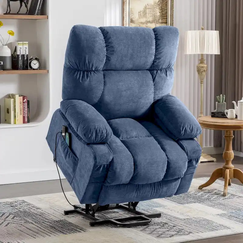 Poltrona reclinabile elettrica con funzione Power Lift, riscaldamento e massaggio, colore Grigio/Blu/Marrone, singola