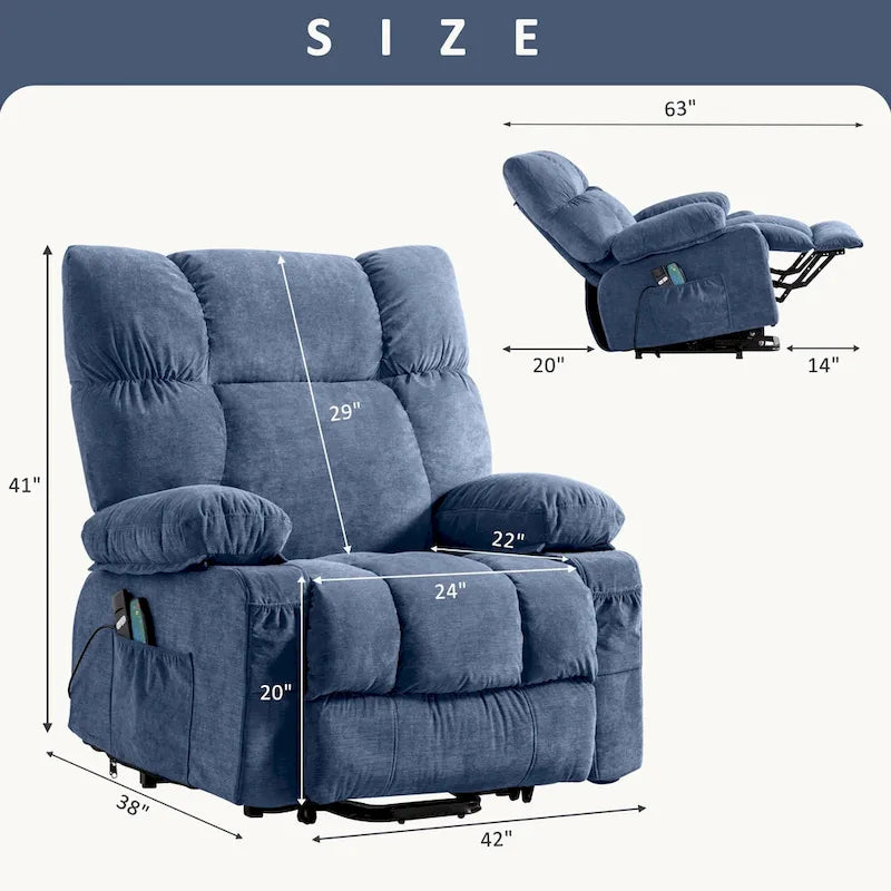 Poltrona reclinabile elettrica con funzione Power Lift, riscaldamento e massaggio, colore Grigio/Blu/Marrone, singola