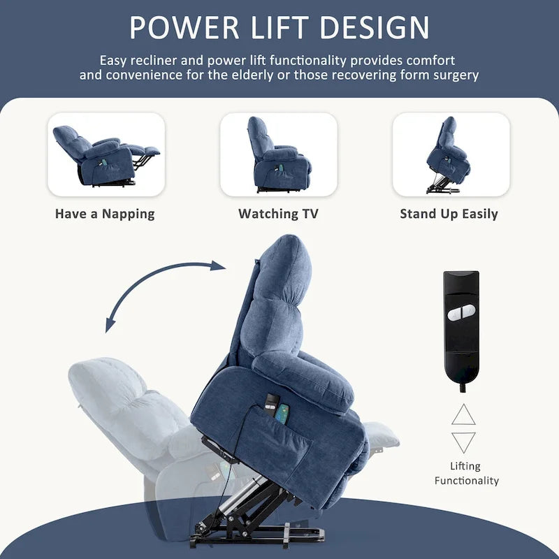 Poltrona reclinabile elettrica con funzione Power Lift, riscaldamento e massaggio, colore Grigio/Blu/Marrone, singola