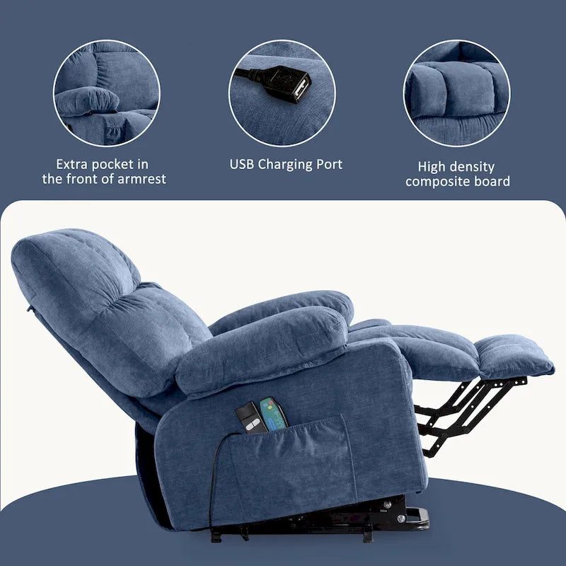 Poltrona reclinabile elettrica con funzione Power Lift, riscaldamento e massaggio, colore Grigio/Blu/Marrone, singola