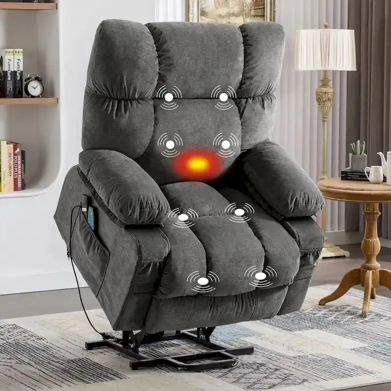 Poltrona reclinabile elettrica con funzione Power Lift, riscaldamento e massaggio, colore Grigio/Blu/Marrone, singola