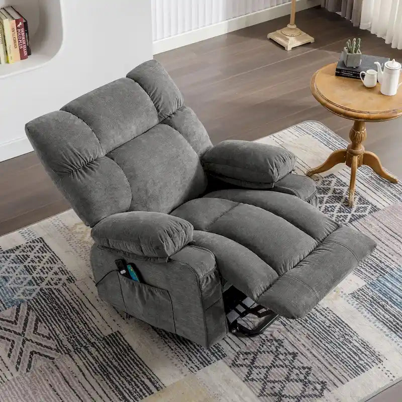 Poltrona reclinabile elettrica con funzione Power Lift, riscaldamento e massaggio, colore Grigio/Blu/Marrone, singola