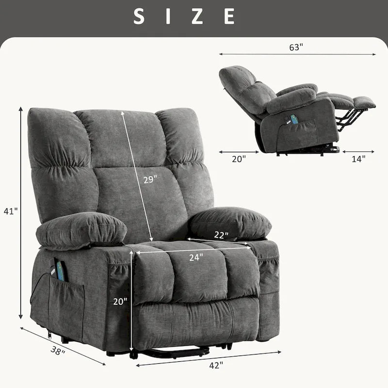 Poltrona reclinabile elettrica con funzione Power Lift, riscaldamento e massaggio, colore Grigio/Blu/Marrone, singola