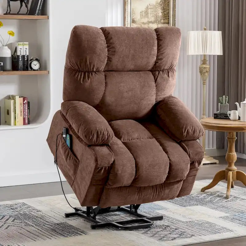 Poltrona reclinabile elettrica con funzione Power Lift, riscaldamento e massaggio, colore Grigio/Blu/Marrone, singola