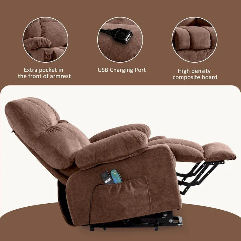 Poltrona reclinabile elettrica con funzione Power Lift, riscaldamento e massaggio, colore Grigio/Blu/Marrone, singola
