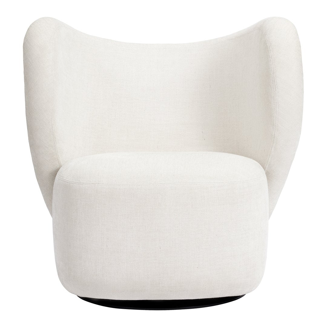 Poltrona lounge girevole imbottita scultorea organica con base girevole a scomparsa per soggiorno
