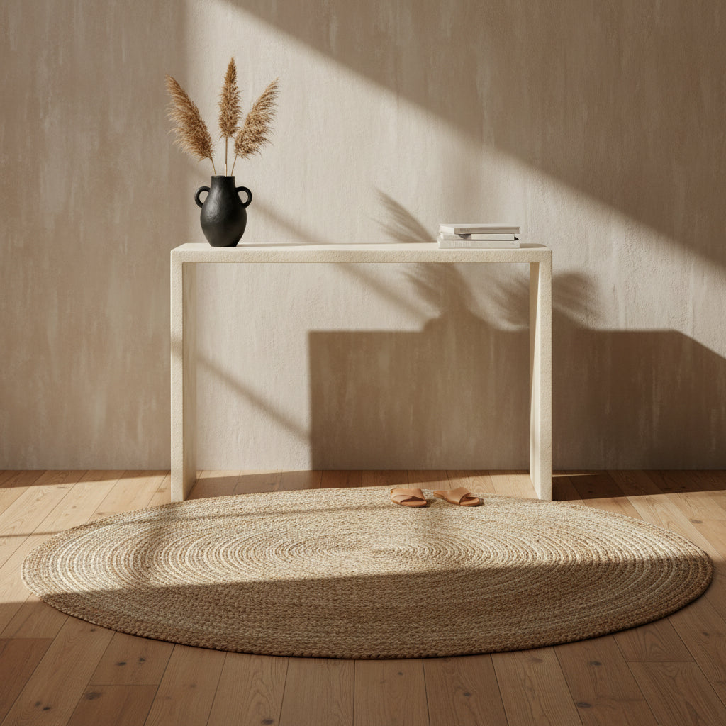 Consolle artigianale minimalista in microcemento con finitura opaca effetto pietra per vari ambienti