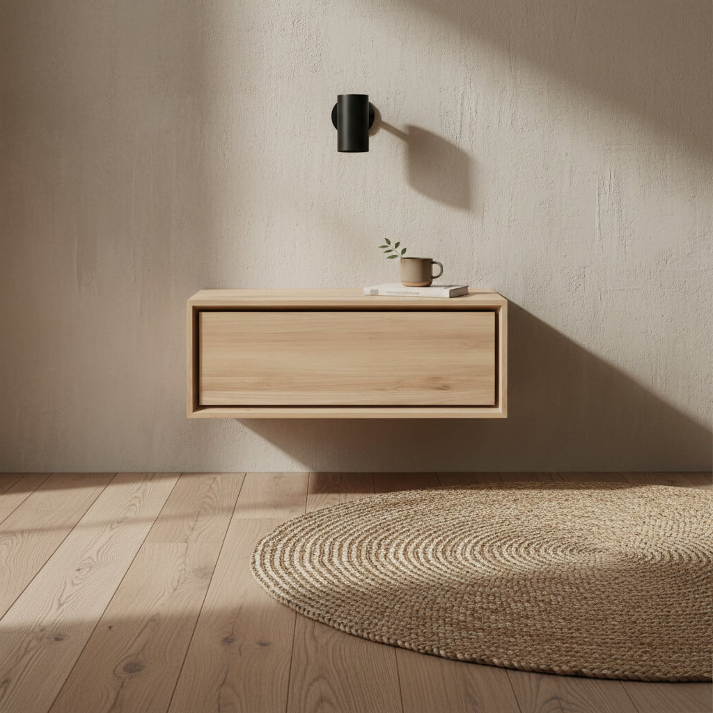 Comodino nordico minimalista a parete in rovere massiccio con cassetto singolo e design fluttuante per camera da letto