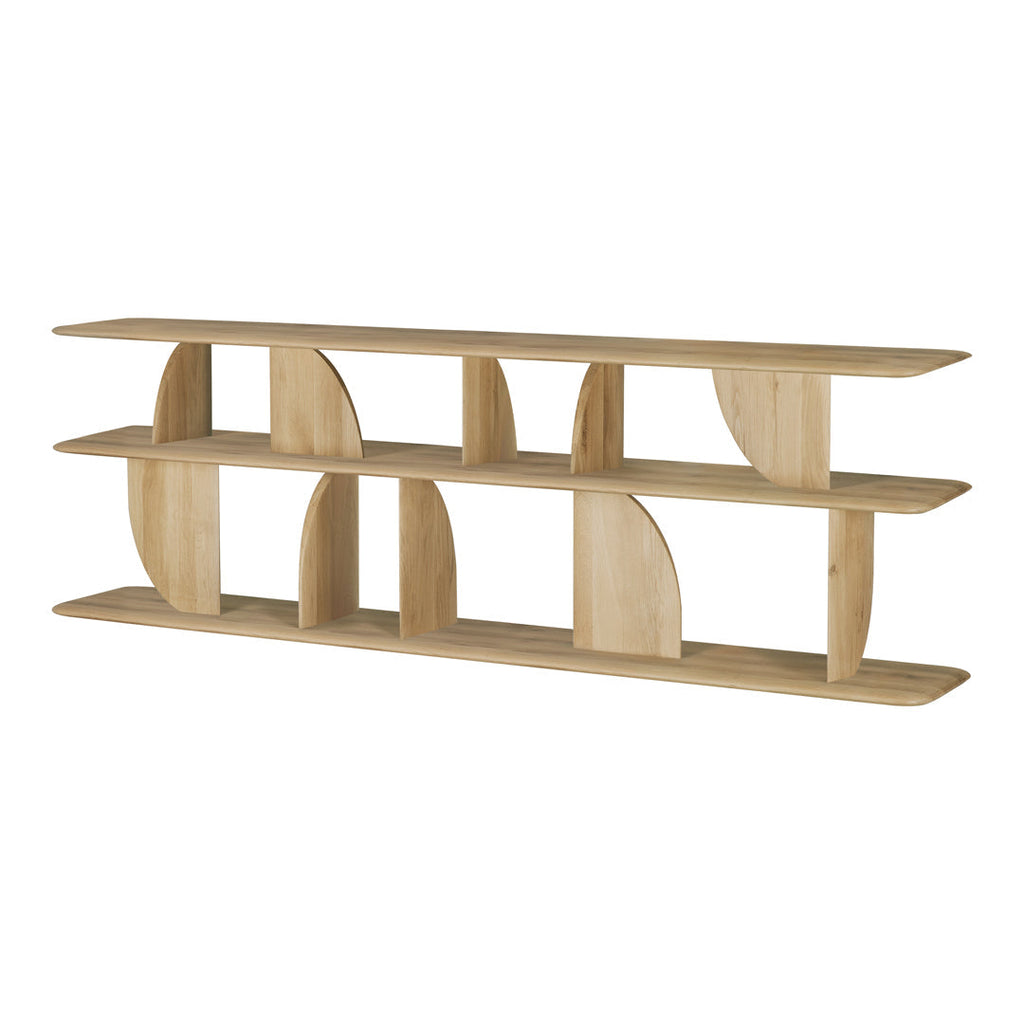 Consolle in teak geometrica e giocosa con angoli intersecanti di luci e ombre per l'ingresso
