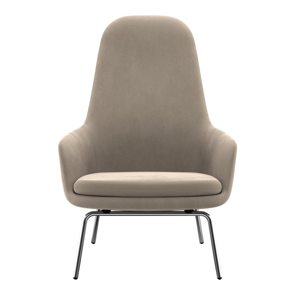 Sedia lounge alta classica nordica imbottita con gambe in acciaio e schienale con supporto per il collo per soggiorno