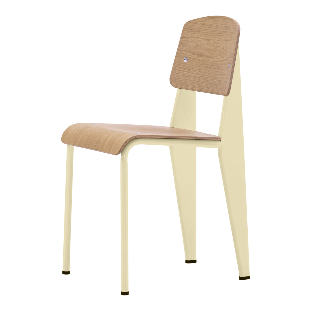 Sedia standard con tubo d'acciaio estetico ingegneristico e legno massello con design strutturale di Jean Prouvé per sala da pranzo