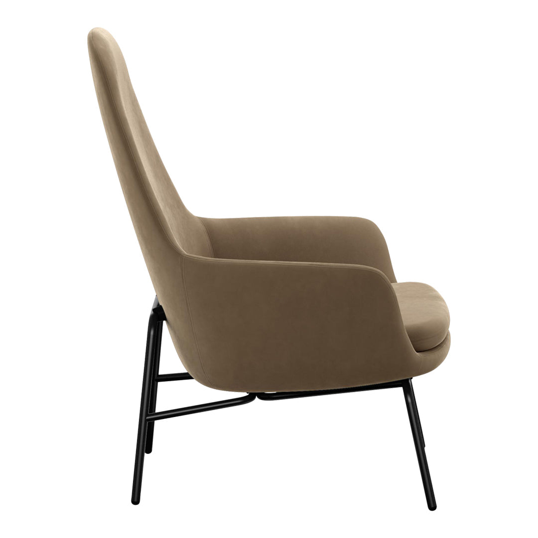 Sedia lounge alta classica nordica imbottita con gambe in acciaio e schienale con supporto per il collo per soggiorno