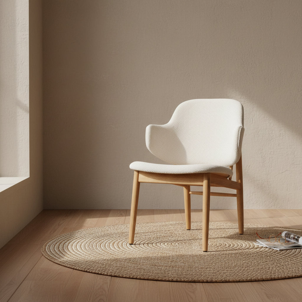 Poltrona danese Mid-Century in rovere massello e rivestita, con schienale curvo in impiallacciato, per soggiorno