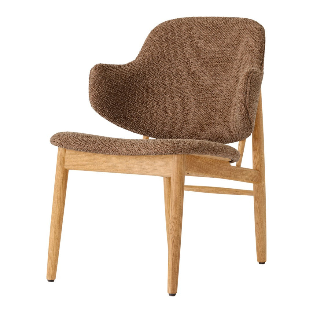 Poltrona danese Mid-Century in rovere massello e rivestita, con schienale curvo in impiallacciato, per soggiorno