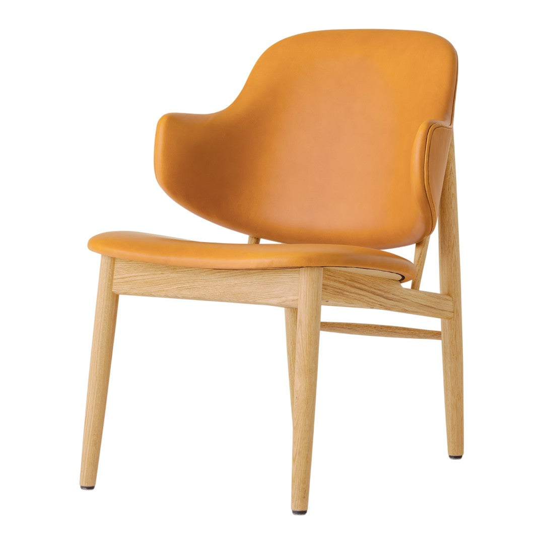 Poltrona danese Mid-Century in rovere massello e rivestita, con schienale curvo in impiallacciato, per soggiorno