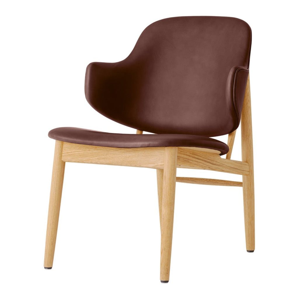 Poltrona danese Mid-Century in rovere massello e rivestita, con schienale curvo in impiallacciato, per soggiorno