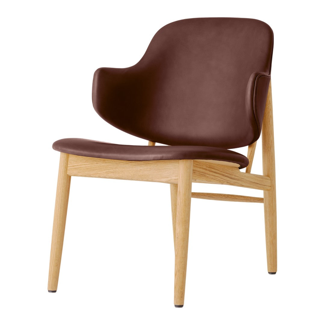 Poltrona danese Mid-Century in rovere massello e rivestita, con schienale curvo in impiallacciato, per soggiorno