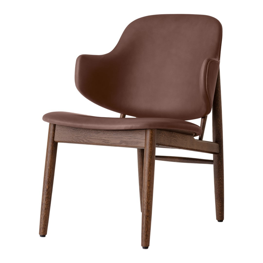 Poltrona danese Mid-Century in rovere massello e rivestita, con schienale curvo in impiallacciato, per soggiorno