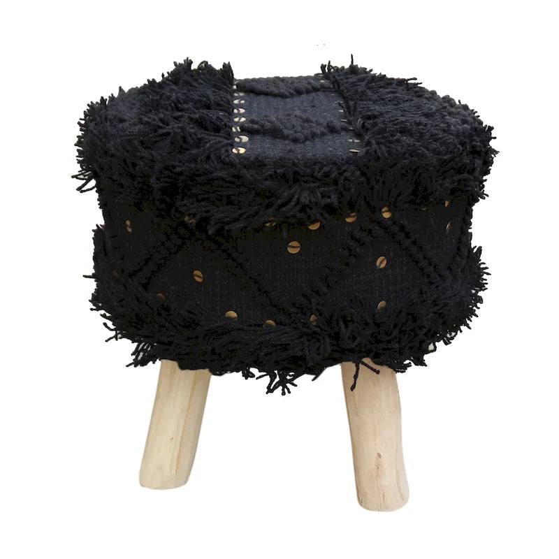 Sgabello rotondo intessuto a mano, 1 posto, nero/avorio/tortora/marrone scuro