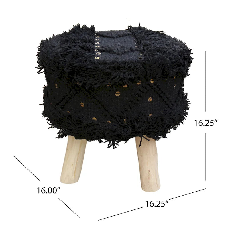 Sgabello rotondo intessuto a mano, 1 posto, nero/avorio/tortora/marrone scuro
