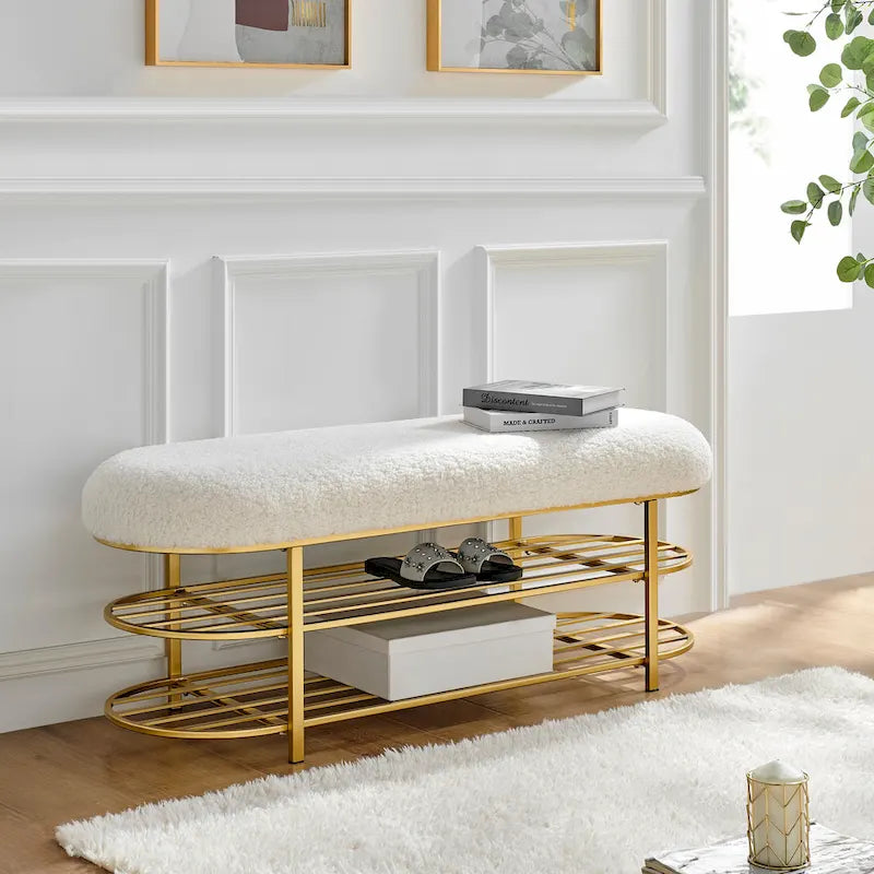 Panca contenitore a 1 posto in finto shearling beige