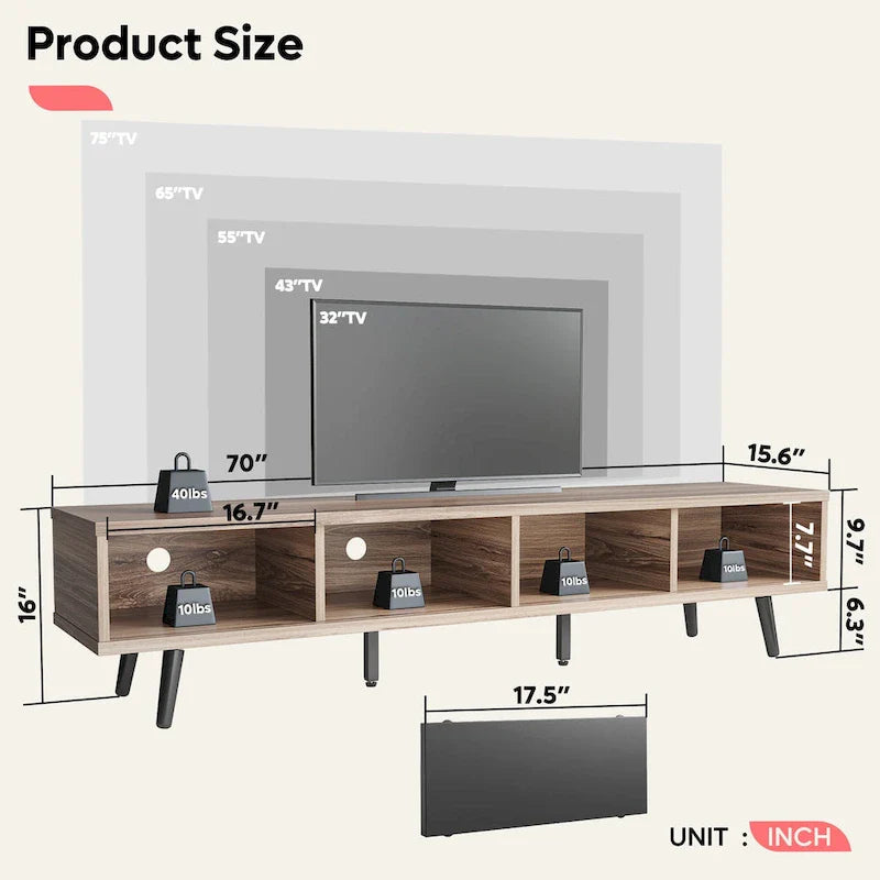 Mobile TV da 70" Stile Mid-Century, Opzioni Multicolore, Adatto a TV fino a 75"