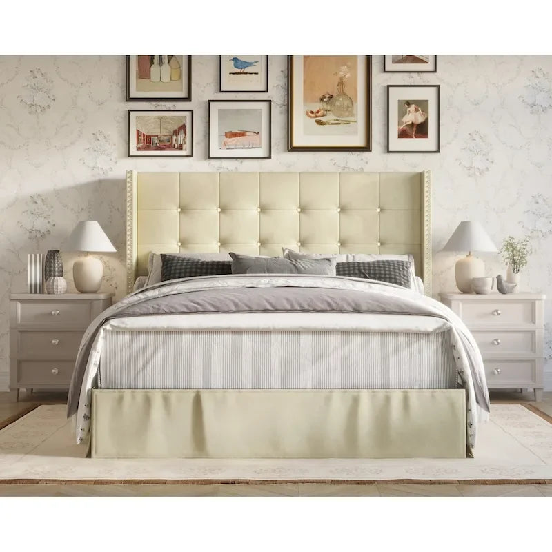 Letto a piattaforma imbottito in velluto beige/blu/grigio argento/nero, 1 persona, da una piazza a king size