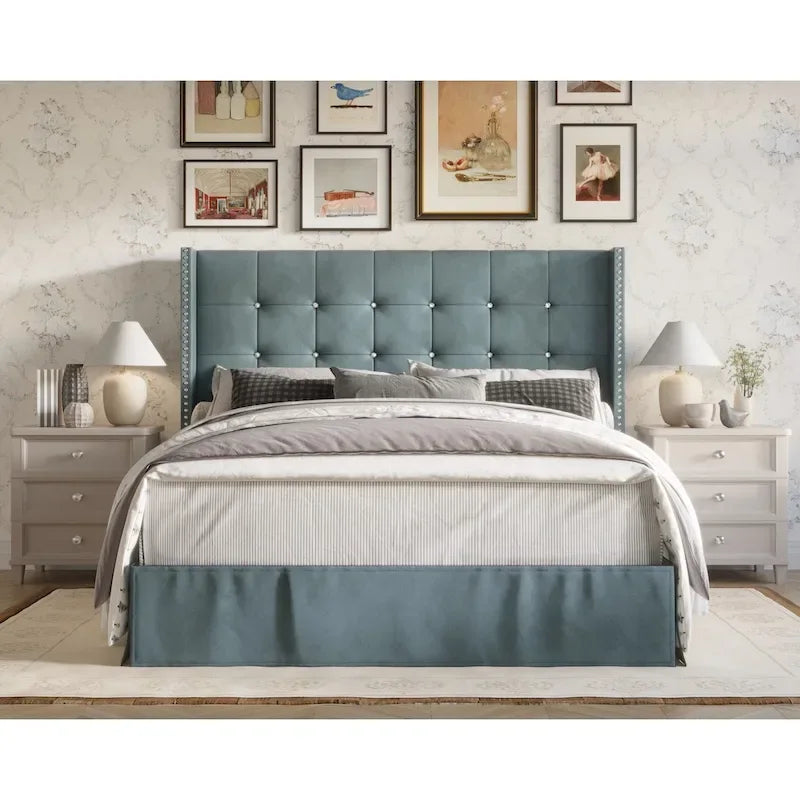 Letto a piattaforma imbottito in velluto beige/blu/grigio argento/nero, 1 persona, da una piazza a king size
