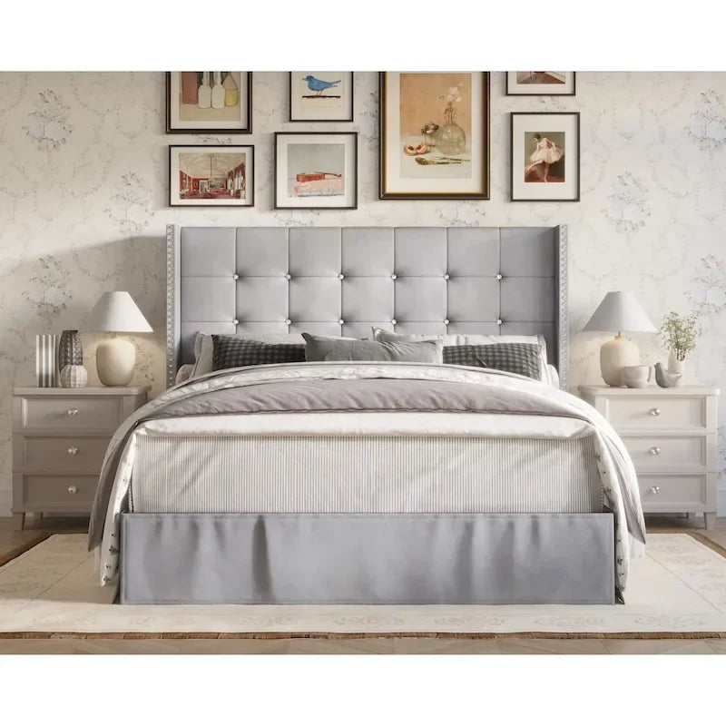 Letto a piattaforma imbottito in velluto beige/blu/grigio argento/nero, 1 persona, da una piazza a king size