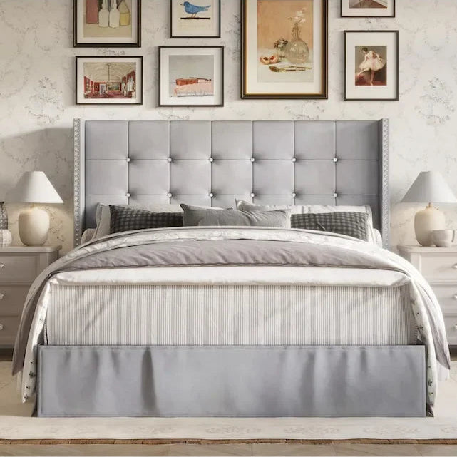 Letto a piattaforma imbottito in velluto beige/blu/grigio argento/nero, 1 persona, da una piazza a king size
