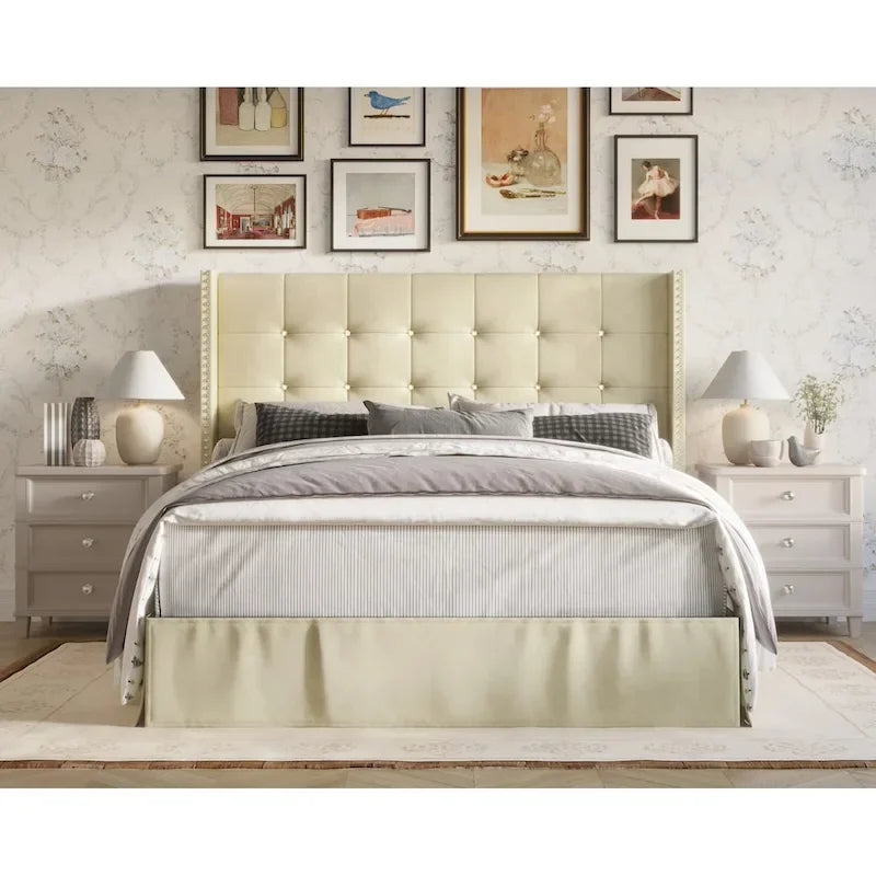 Letto a piattaforma imbottito in velluto beige/blu/grigio argento/nero, 1 persona, da una piazza a king size